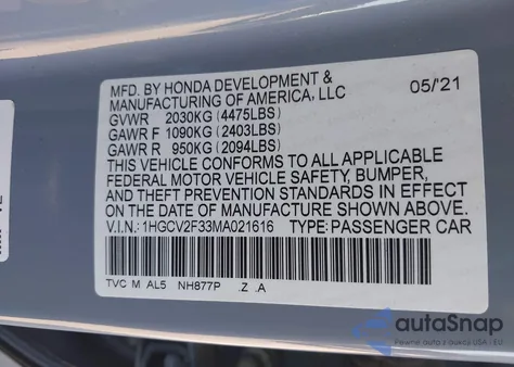 2021 Honda Accord Sport 2.0T z USA, uszkodzony, nr VIN 1HGCV2F33MA021616